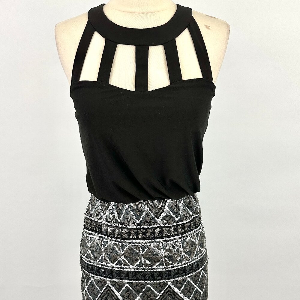 1990s Vintage Cocktail Dress | Deb | Black Silver | Halter Neck | Sequin